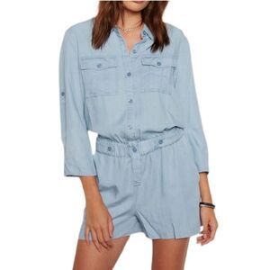 NWT Dale Soft Cotton Denim 3/4 Sleeve Button Up Elastic Waist Romper, Size S